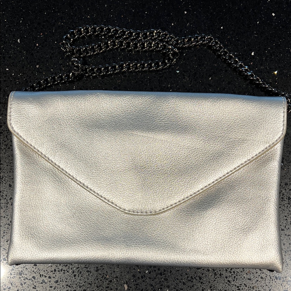 J Crew Metallic Silver Envelope Clutch or Shoulder Bag with Chain Strap